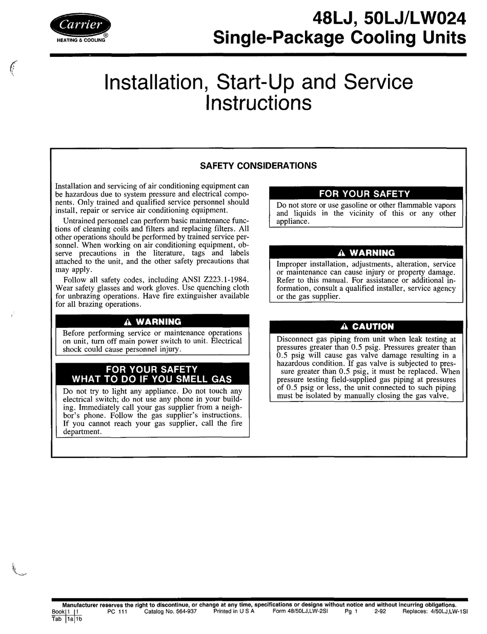 Carrier Lj Installation Start Up And Service Instructions Manual Pdf