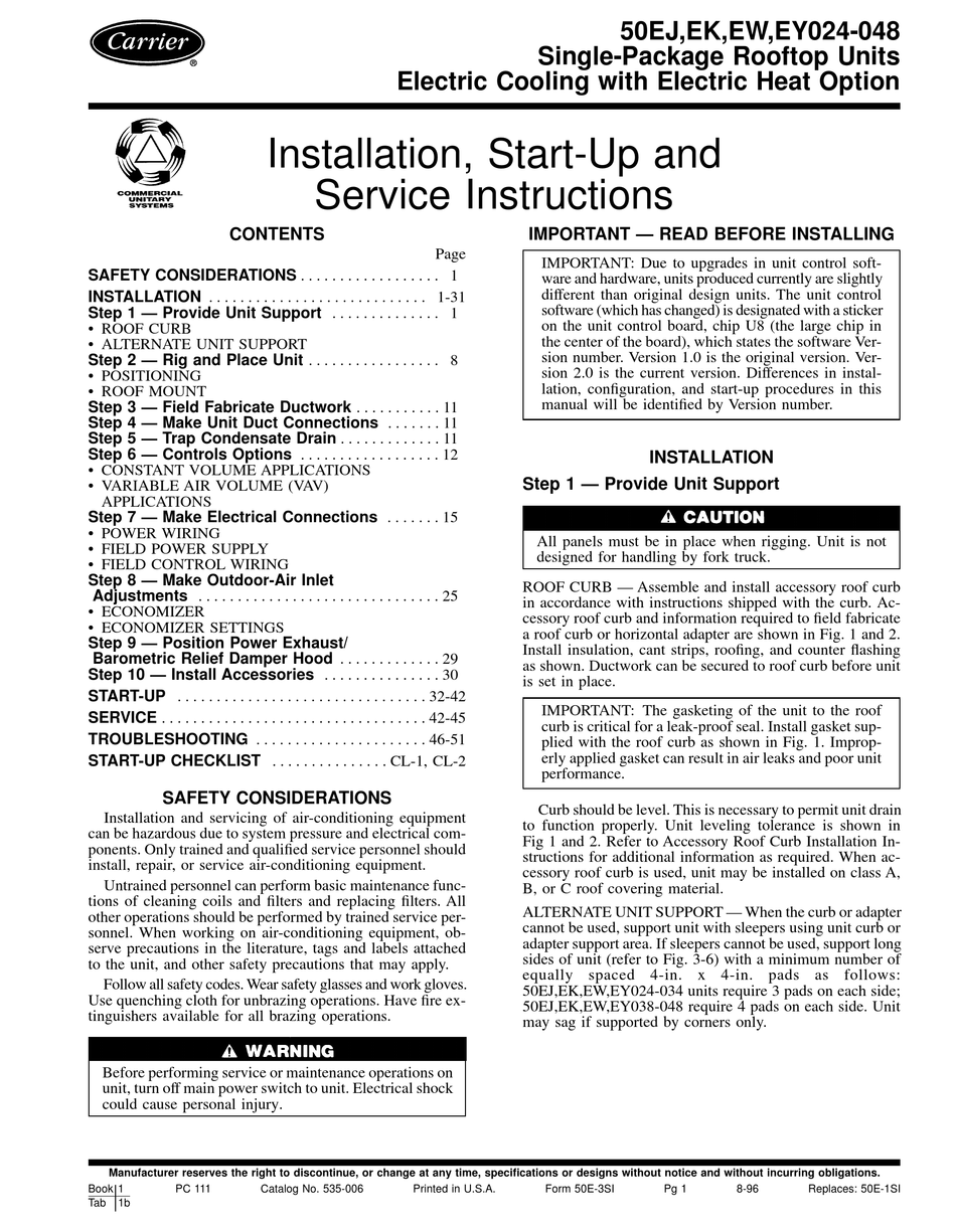 CARRIER 50EJ INSTALLATION START UP AND SERVICE INSTRUCTIONS MANUAL Pdf