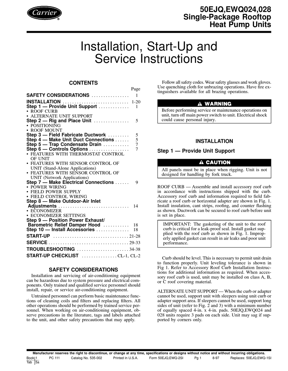 Carrier Ejq Installation Start Up And Service Instructions Manual