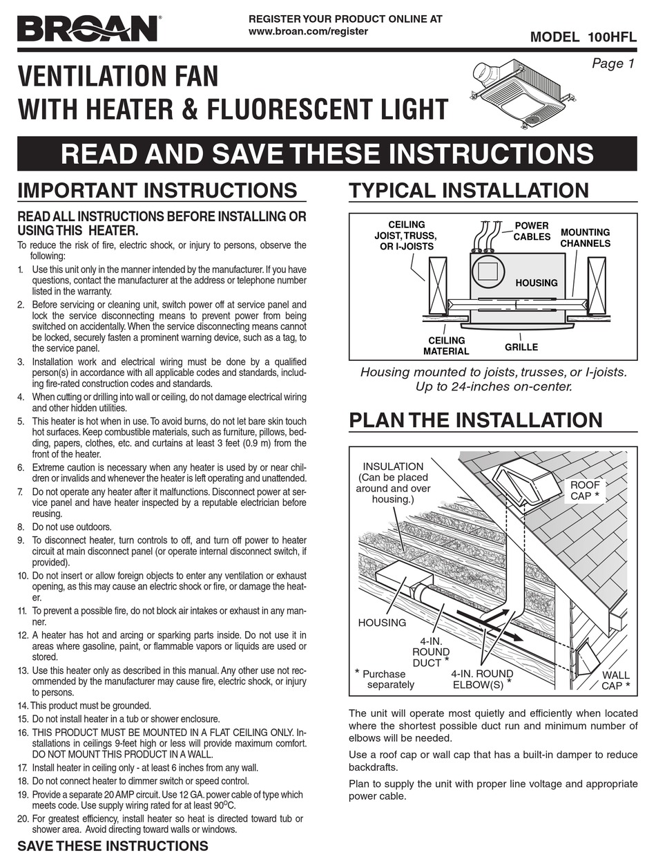 Broan Bathroom Fans Instruction Manuals