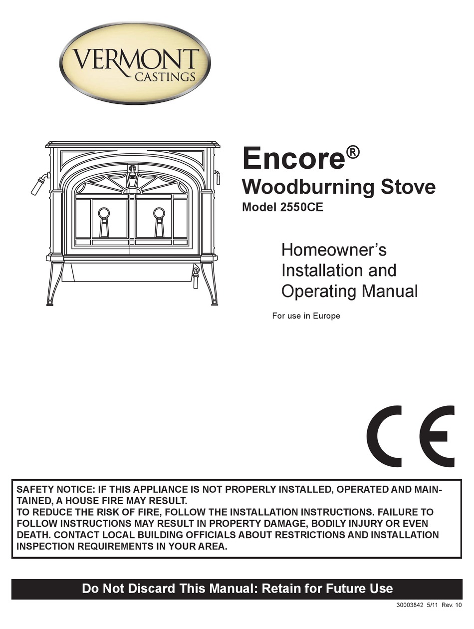 VERMONT CASTINGS ENCORE 2550C INSTALLATION AND OPERATING MANUAL Pdf