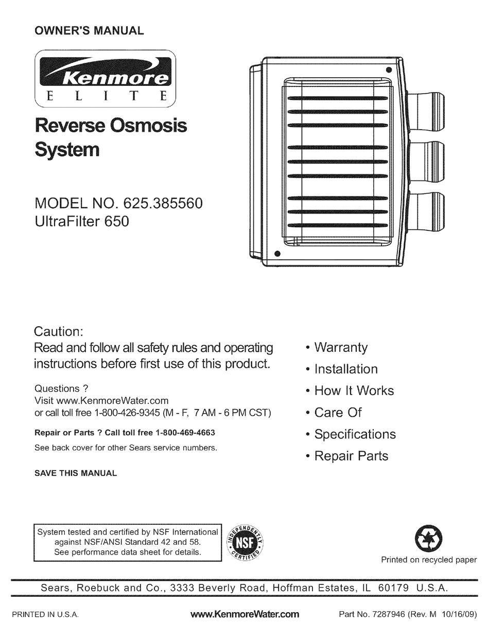 KENMORE E L I T REVERSE OSMOSIS SYSTEM 625 38556 OWNER S MANUAL Pdf