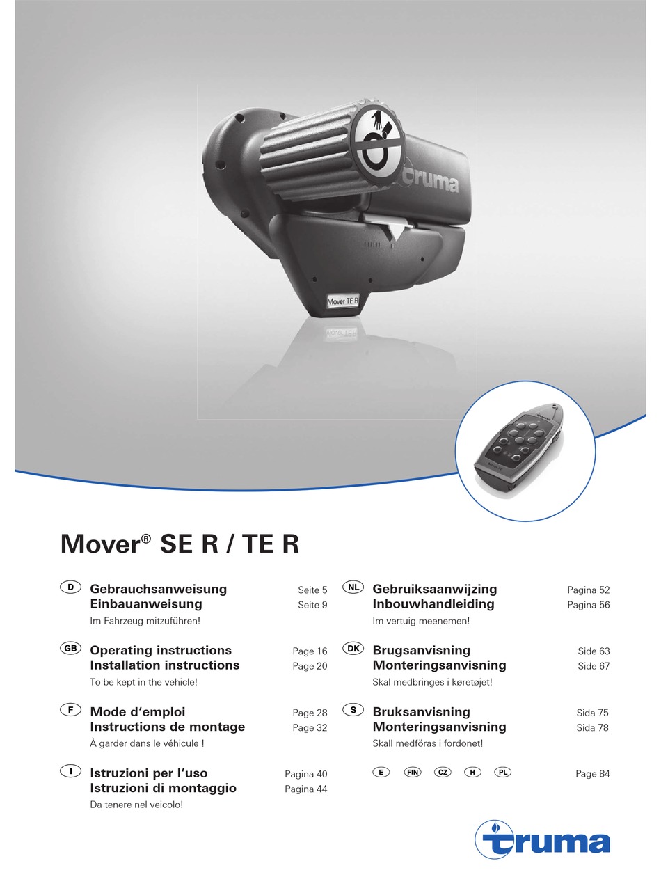 TRUMA MOVER SE R OPERATING INSTRUCTIONS INSTALLATION INSTRUCTIONS Pdf