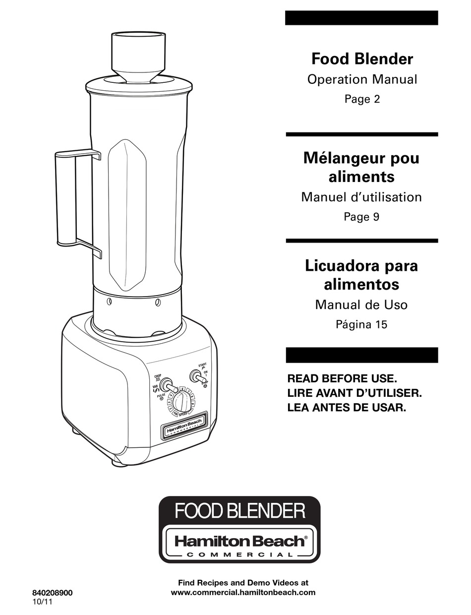 Hamilton Beach Hbf Blender Operation Manual Manualslib