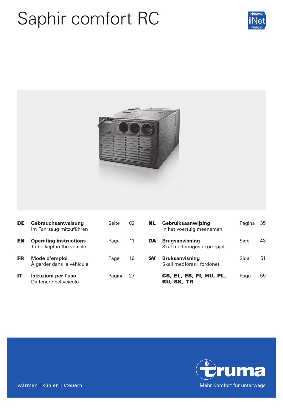 Truma Saphir Comfort Rc Air Conditioner Operating Instructions Manual