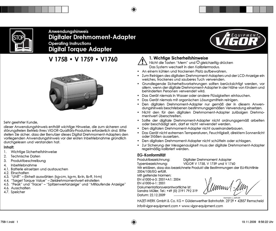 Vigor V Adapter Operating Instructions Manual Manualslib