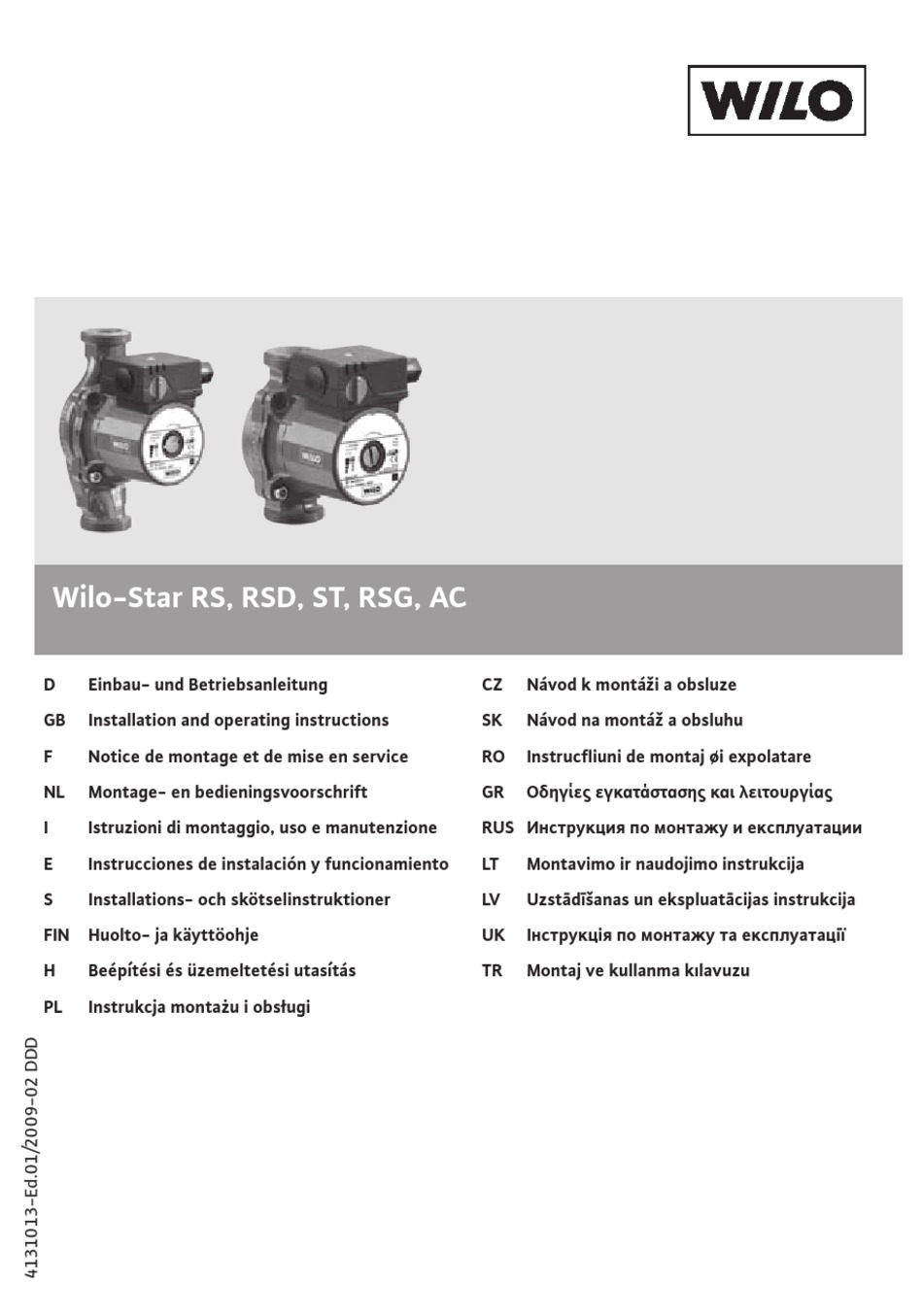 WILO STAR RS SERIES INSTALLATION AND OPERATING INSTRUCTIONS MANUAL Pdf