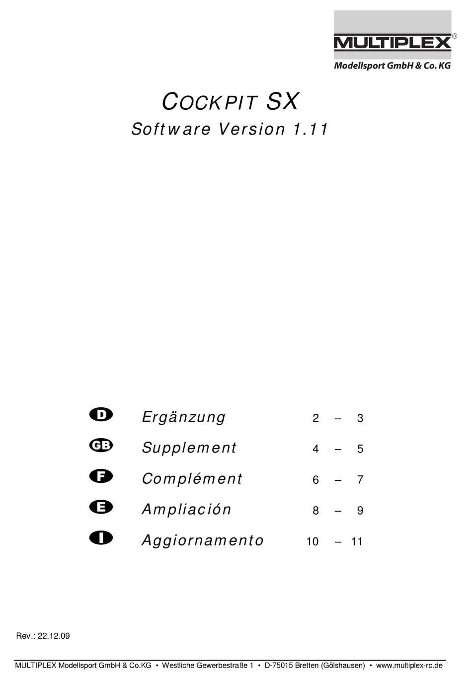 Multiplex Cockpit Sx Supplement To The Operating Instructions Pdf