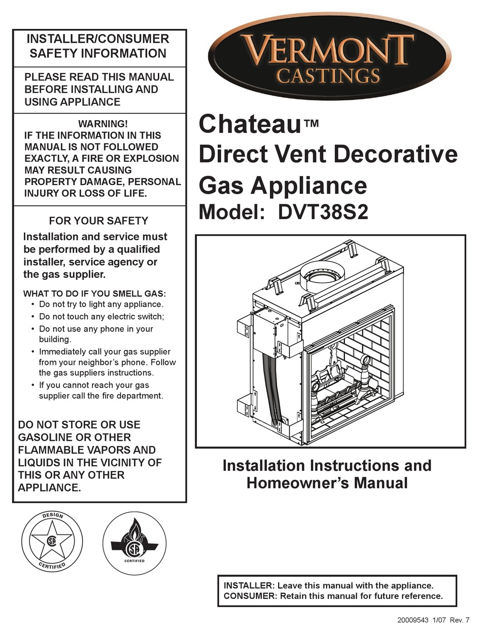 VERMONT CASTINGS CHATEAU DVT38S2 INSTALLATION INSTRUCTIONS AND