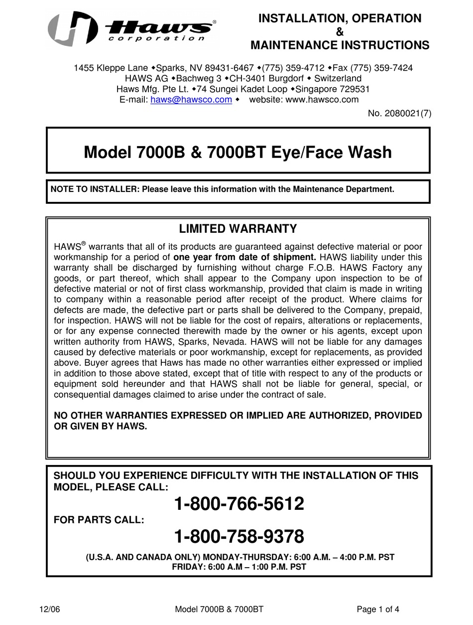 Haws B Installation Operation Maintenance Instructions Pdf