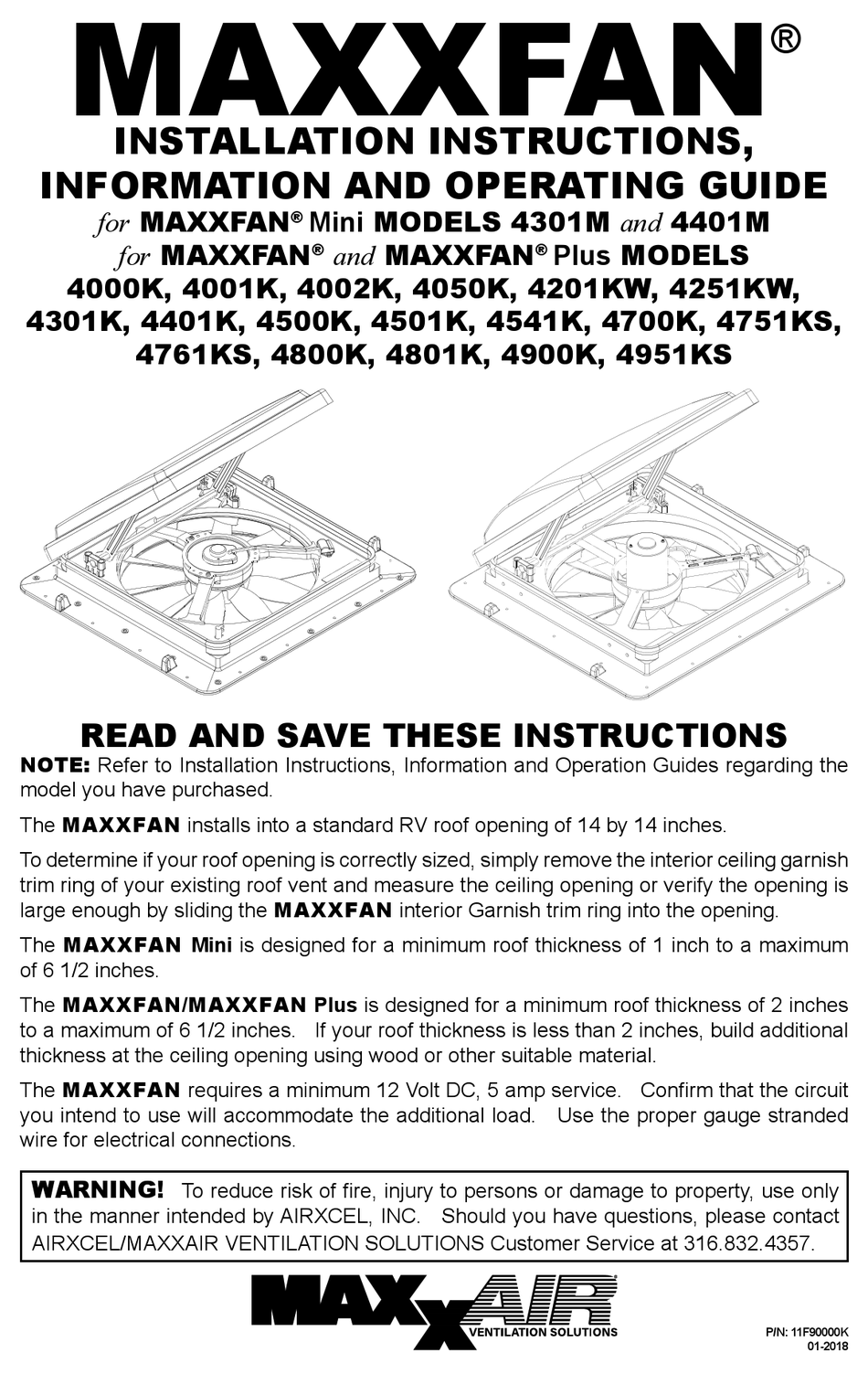 MAXXAIR MAXXFAN MINI 4301M INSTALLATION INSTRUCTIONS INFORMATION AND