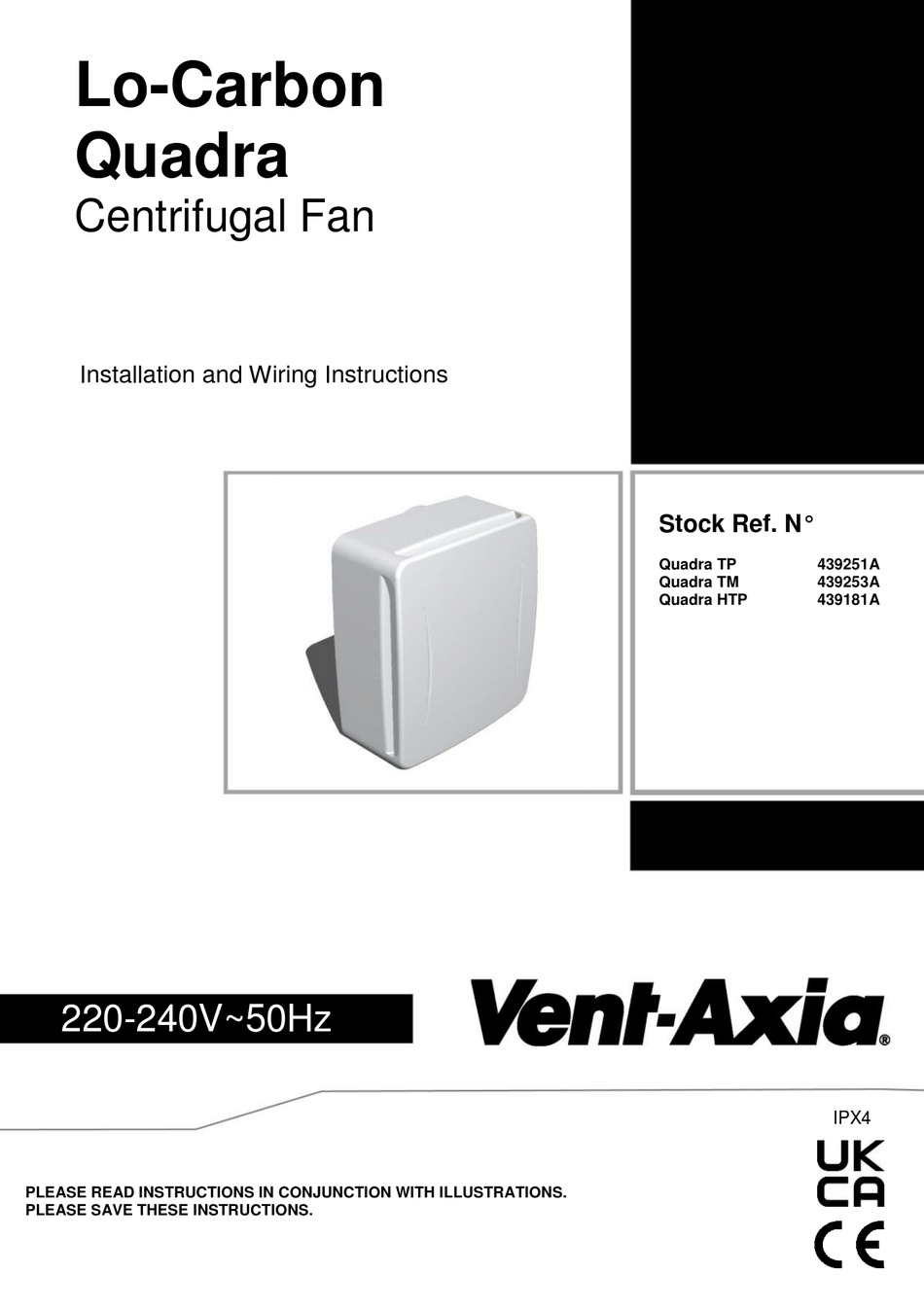 VENT AXIA LO CARBON QUADRA SERIES INSTALLATION AND WIRING INSTRUCTIONS