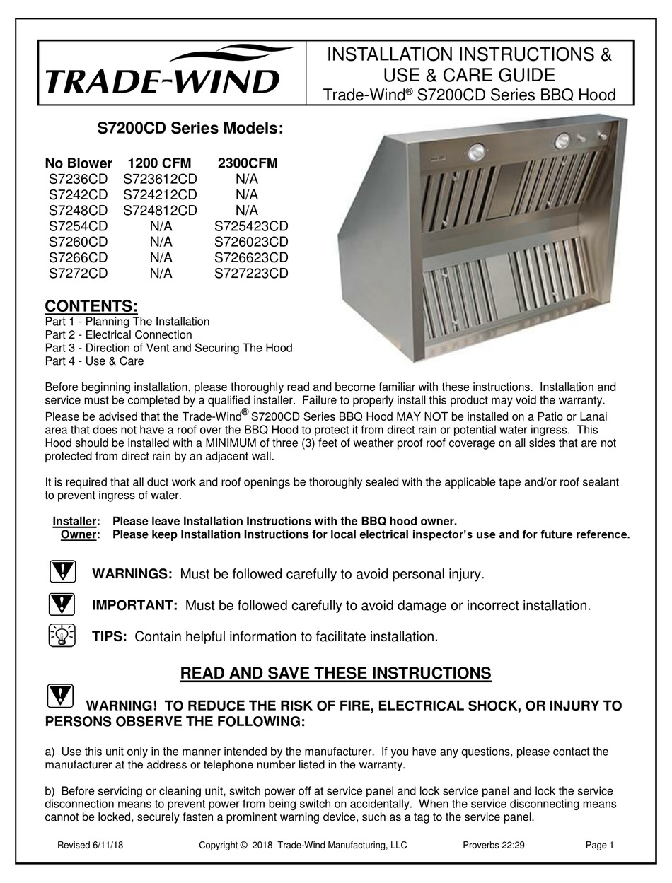 TRADE WIND S7200CD SERIES INSTALLATION INSTRUCTIONS USE CARE MANUAL