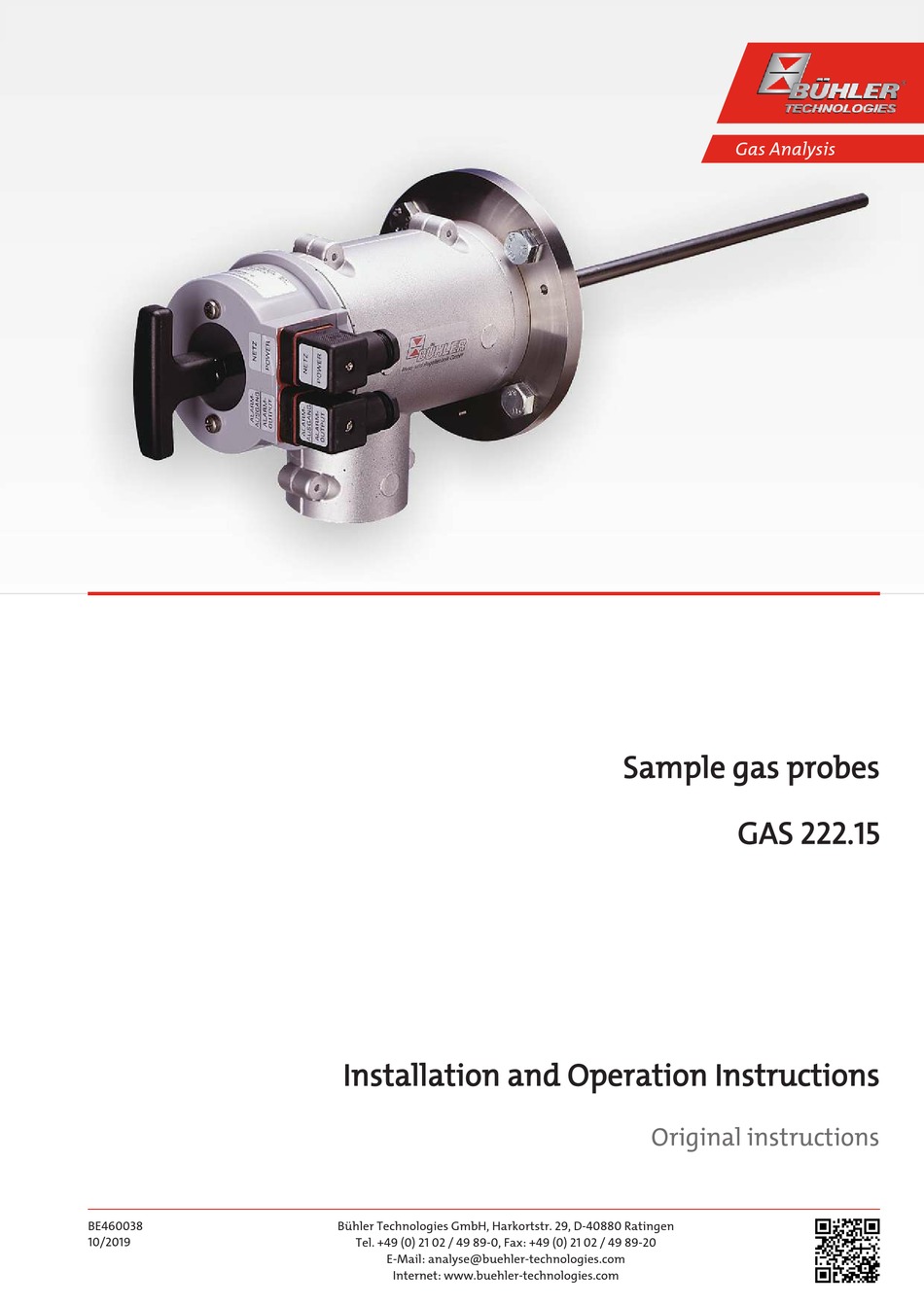 BÜHLER TECHNOLOGIES GAS 222 15 INSTALLATION INSTRUCTIONS MANUAL Pdf