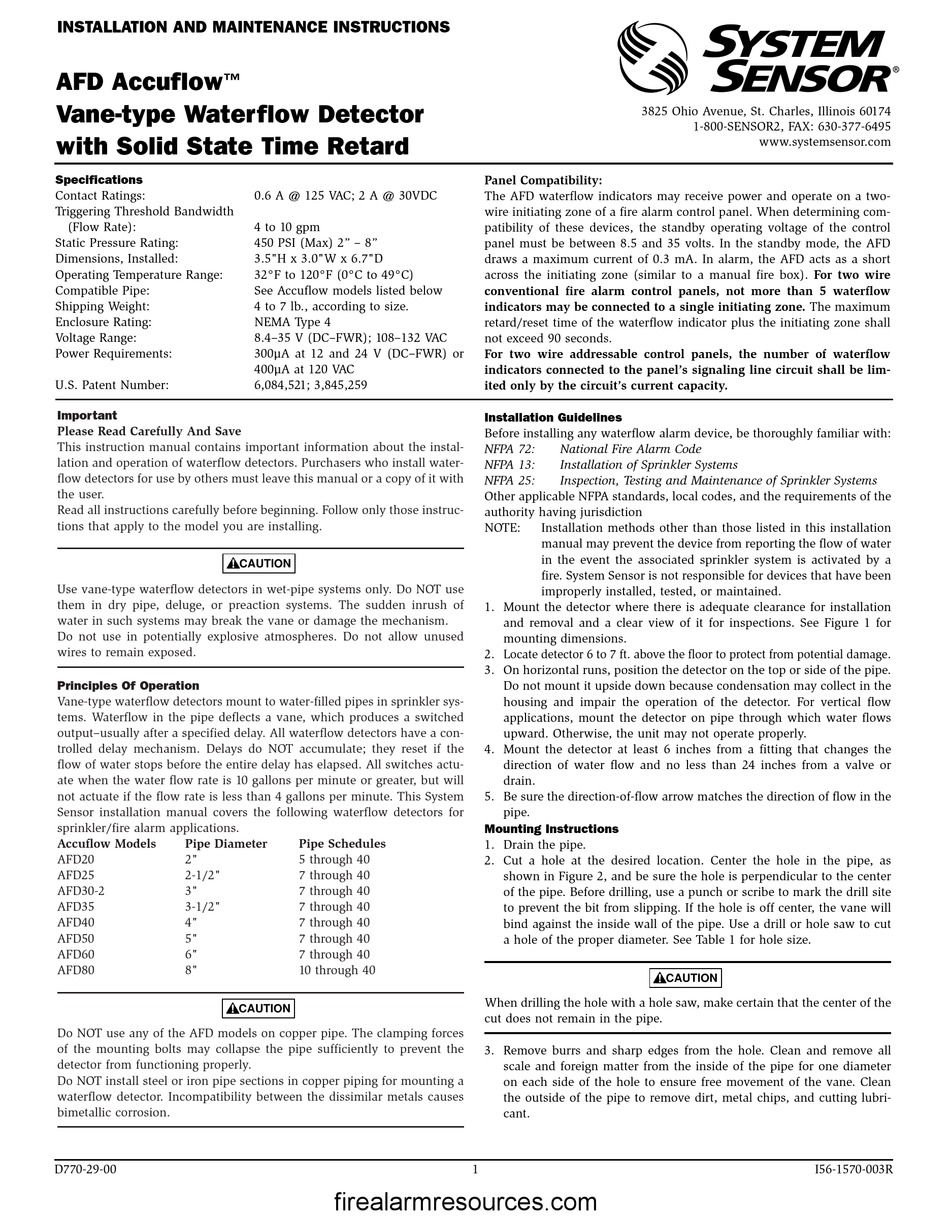 SYSTEM SENSOR AFD ACCUFLOW INSTALLATION AND MAINTENANCE INSTRUCTIONS