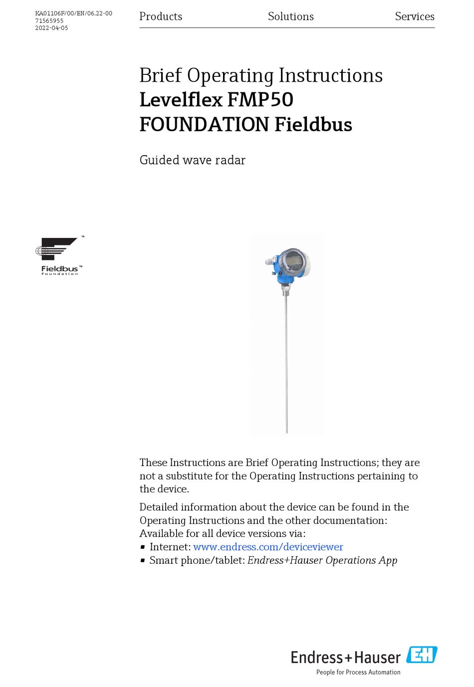 Endress Hauser Foundation Fieldbus Levelflex Fmp Brief Operating