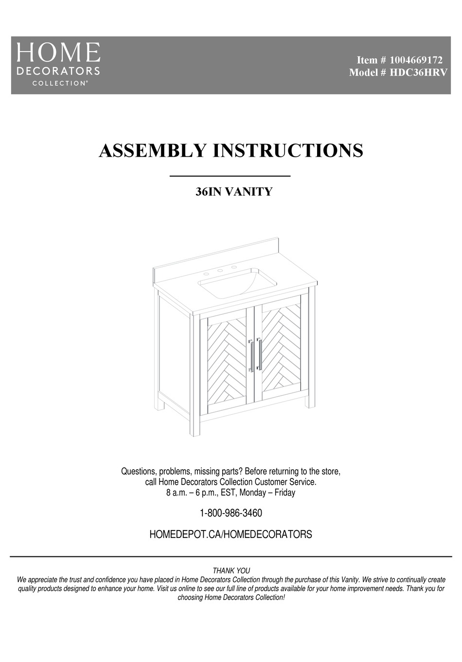 HOME DECORATORS COLLECTION HDC36HRV ASSEMBLY INSTRUCTIONS MANUAL Pdf