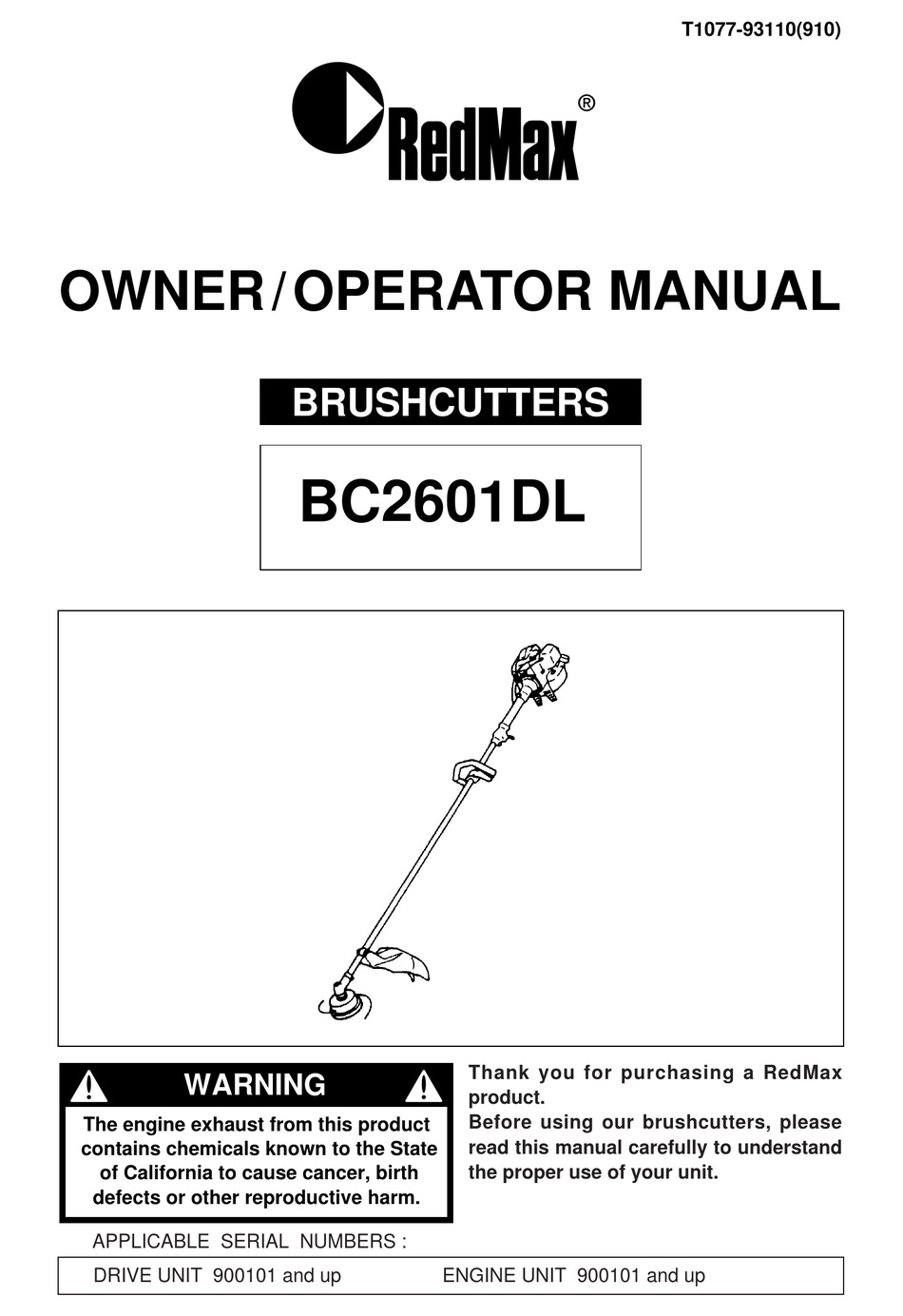 REDMAX BC2601DL BRUSH CUTTER OWNER S OPERATOR S MANUAL ManualsLib