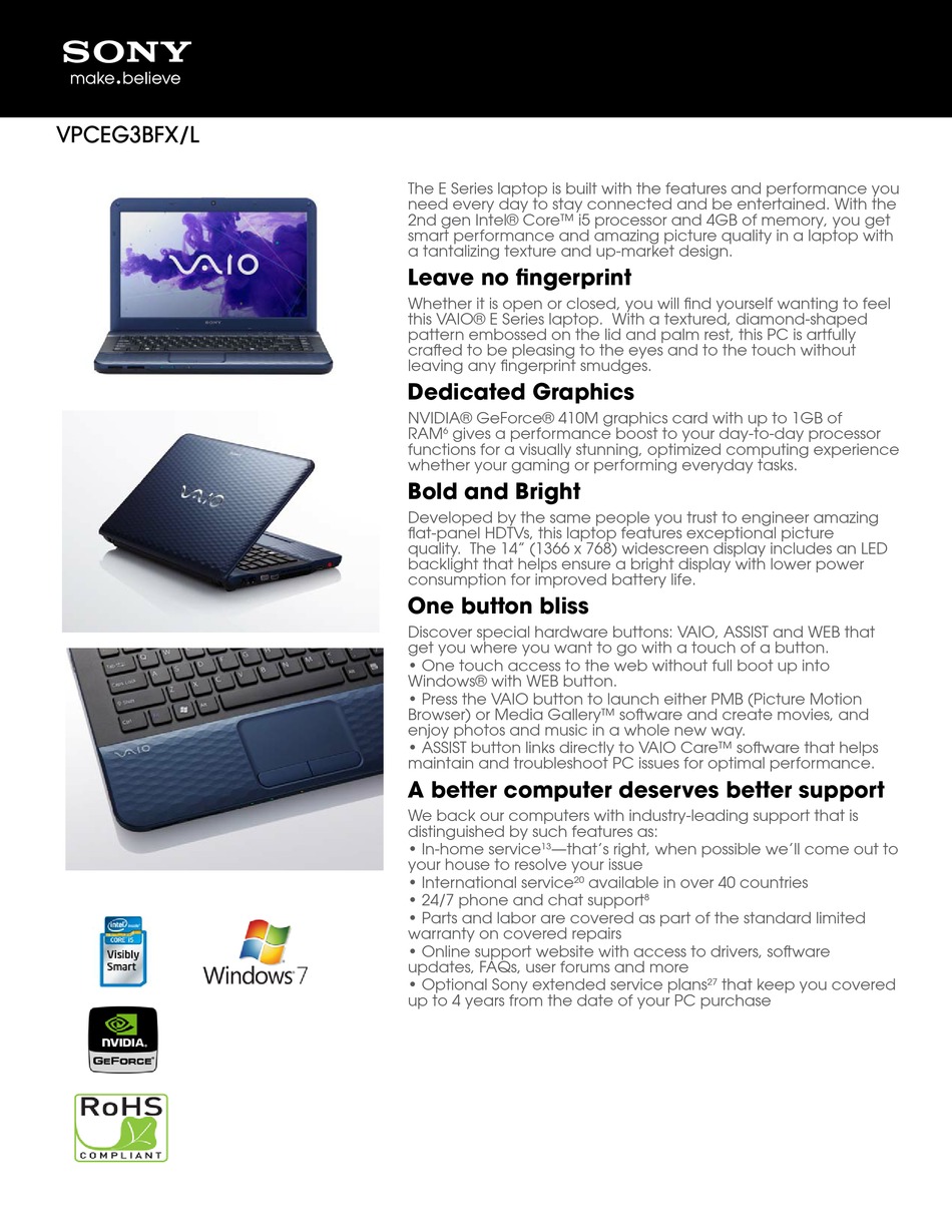 Sony Vaio Vpceg Bfxl Laptop Specifications Manualslib