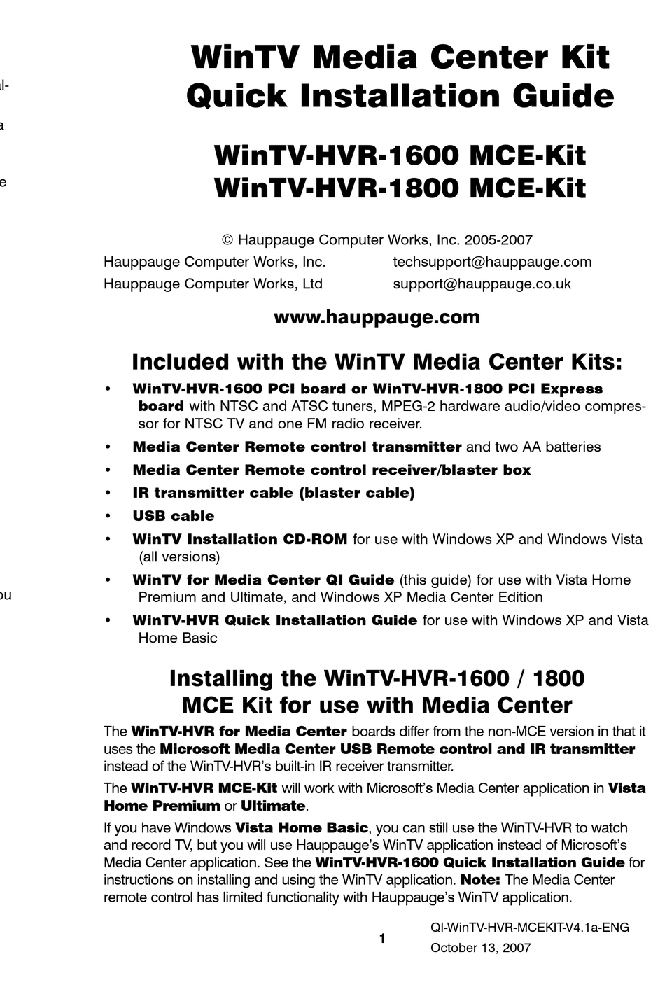 HAUPPAUGE WINTV HVR 1600 KIT TV TUNER QUICK INSTALLATION MANUAL