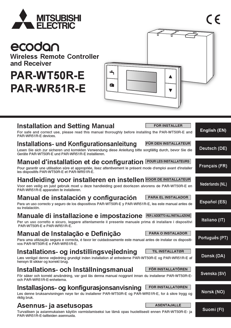 Mitsubishi Electric Ecodan Par Wt R E Installation And Setting Manual