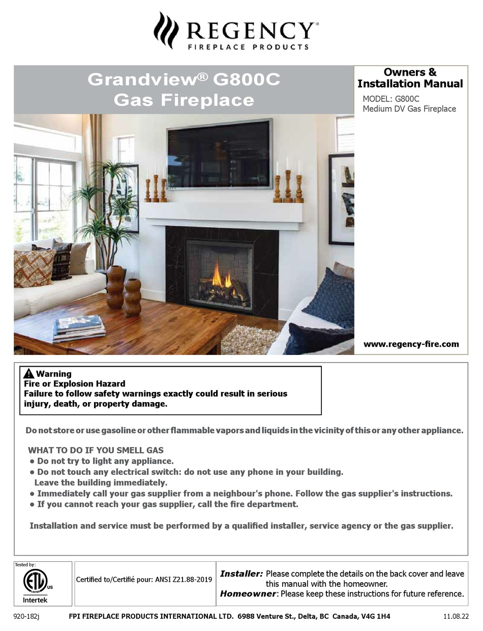 Regency Fireplace Products Grandview G C Owners Installation Manual