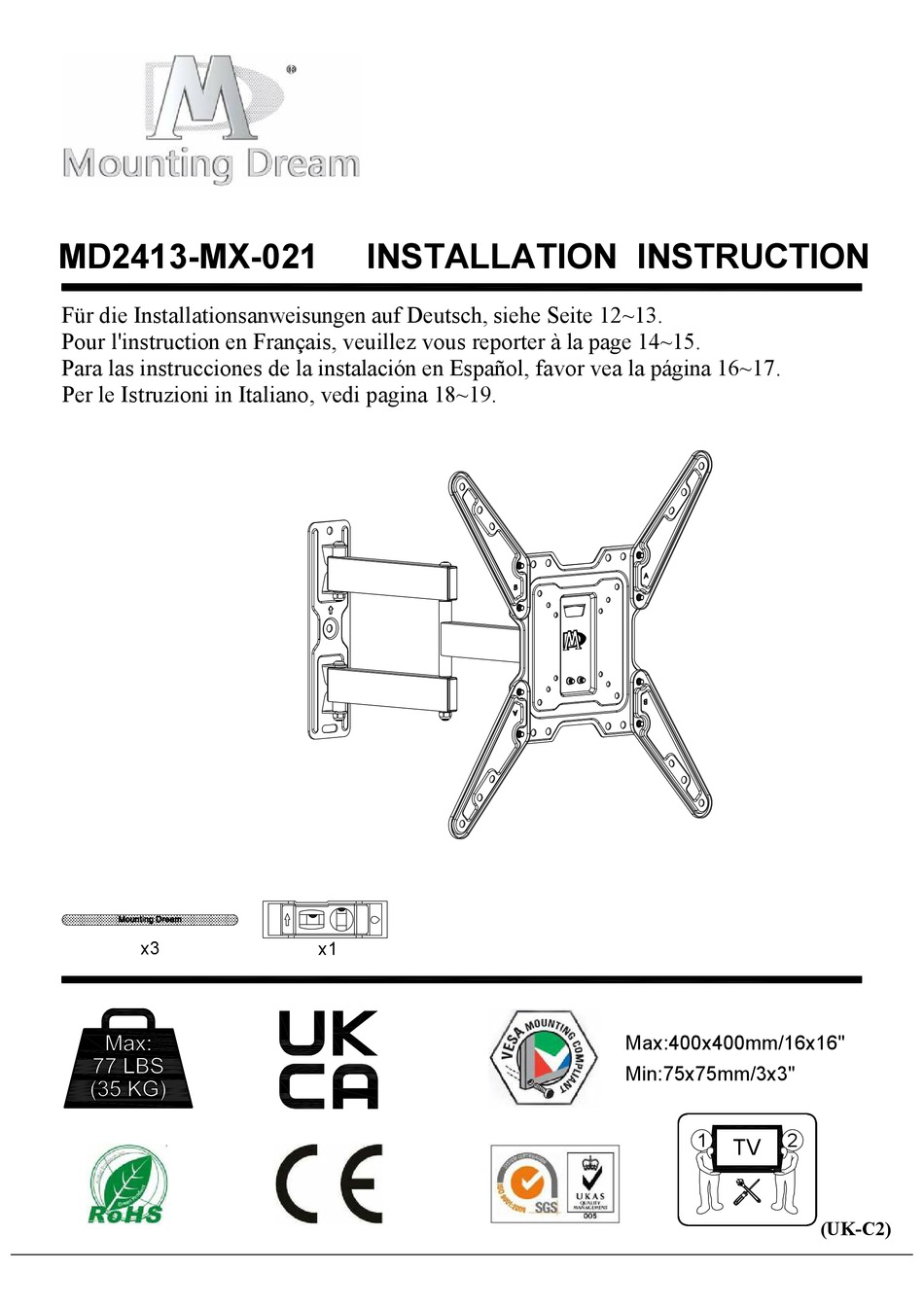 MOUNTING DREAM MD2413 MX 021 INSTALLATION INSTRUCTIONS MANUAL Pdf