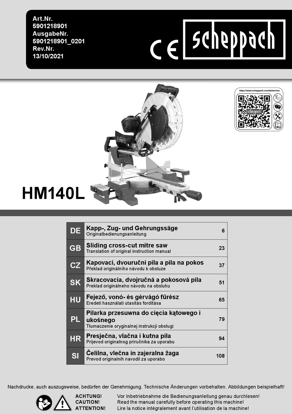 SCHEPPACH HM140L TRANSLATION OF ORIGINAL INSTRUCTION MANUAL Pdf