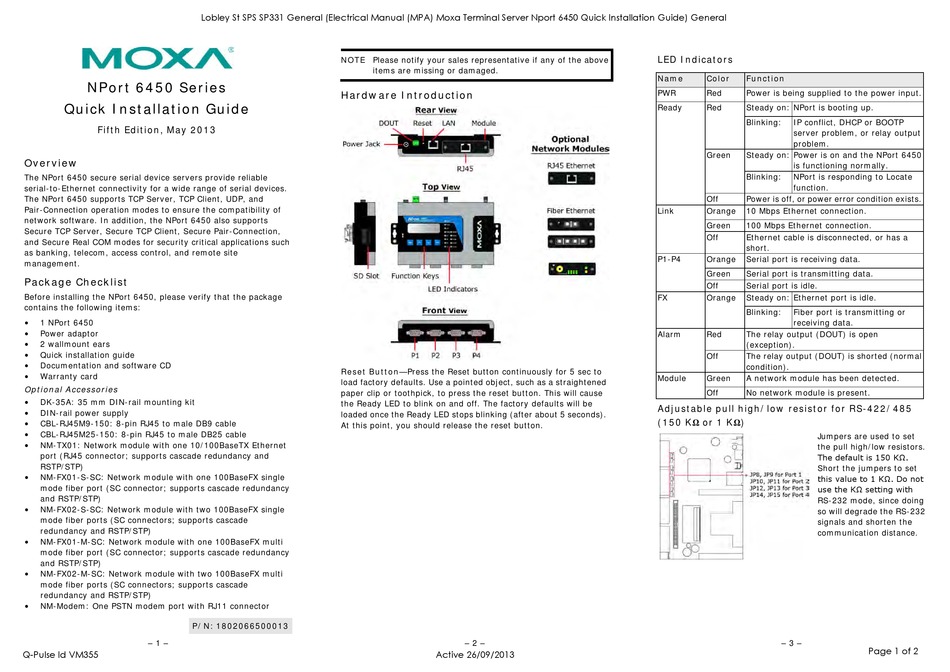 MOXA TECHNOLOGIES NPORT 6450 SERIES QUICK INSTALLATION MANUAL Pdf