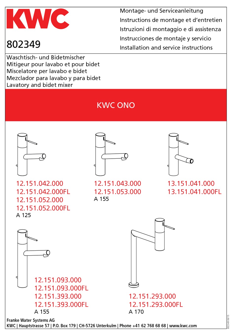 Kwc Ono A Installation And Service Instructions