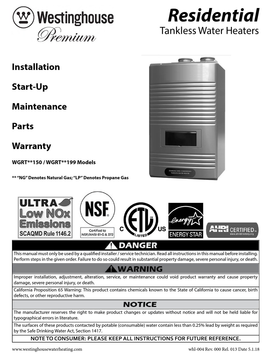 WESTINGHOUSE PREMIUM WGRT 199 SERIES INSTALLATION START UP