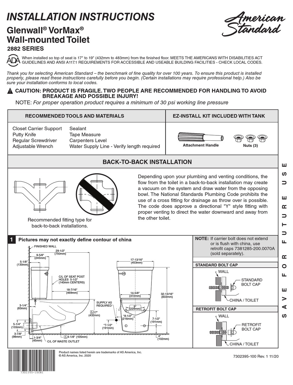 American Standard Glenwall Vormax Series Installation Instructions