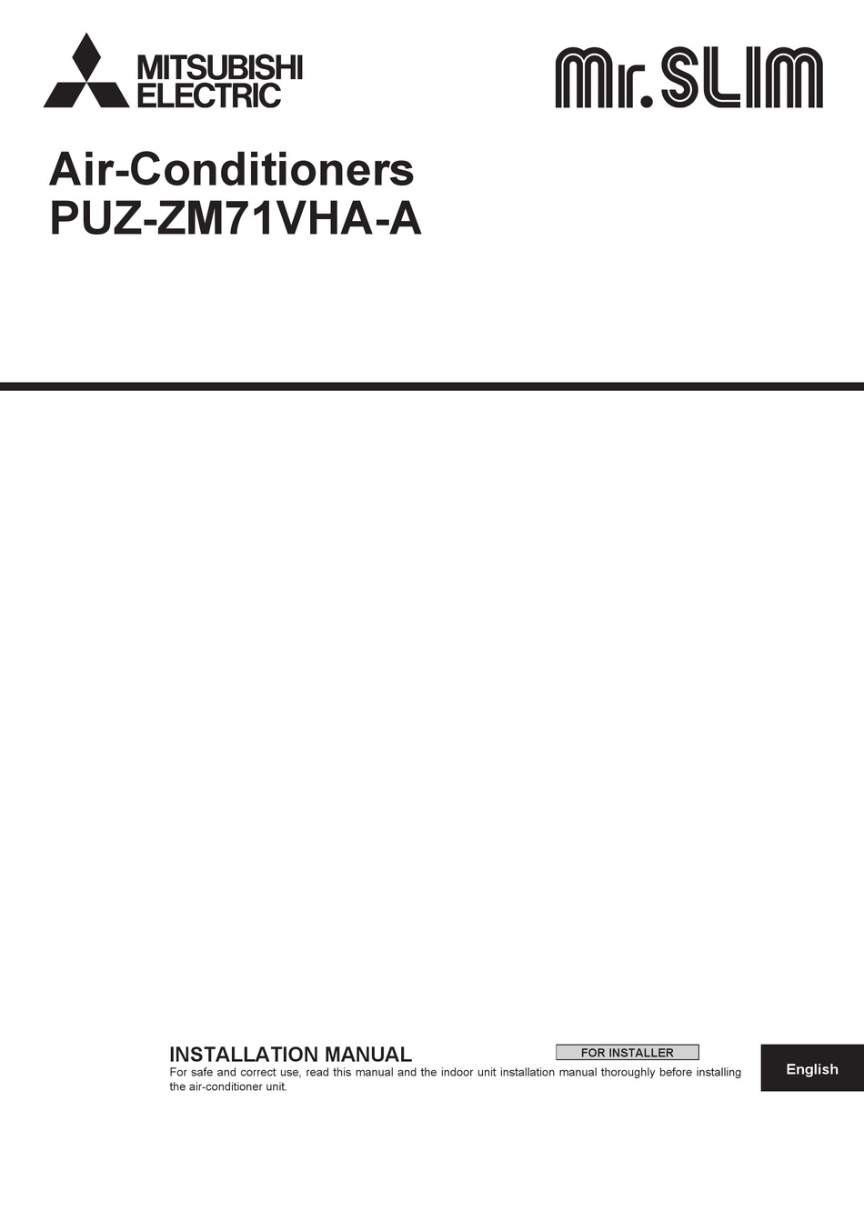 MITSUBISHI ELECTRIC MR SLIM PUZ ZM71VHA A INSTALLATION MANUAL Pdf