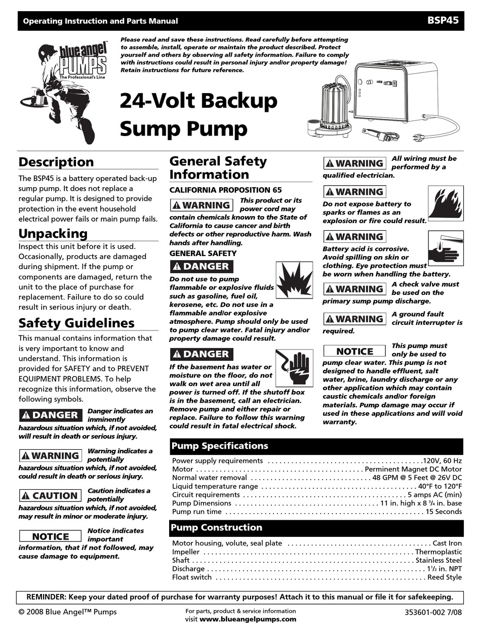 Blue Angel Pumps Professional Bsp Operating Instructions And Parts