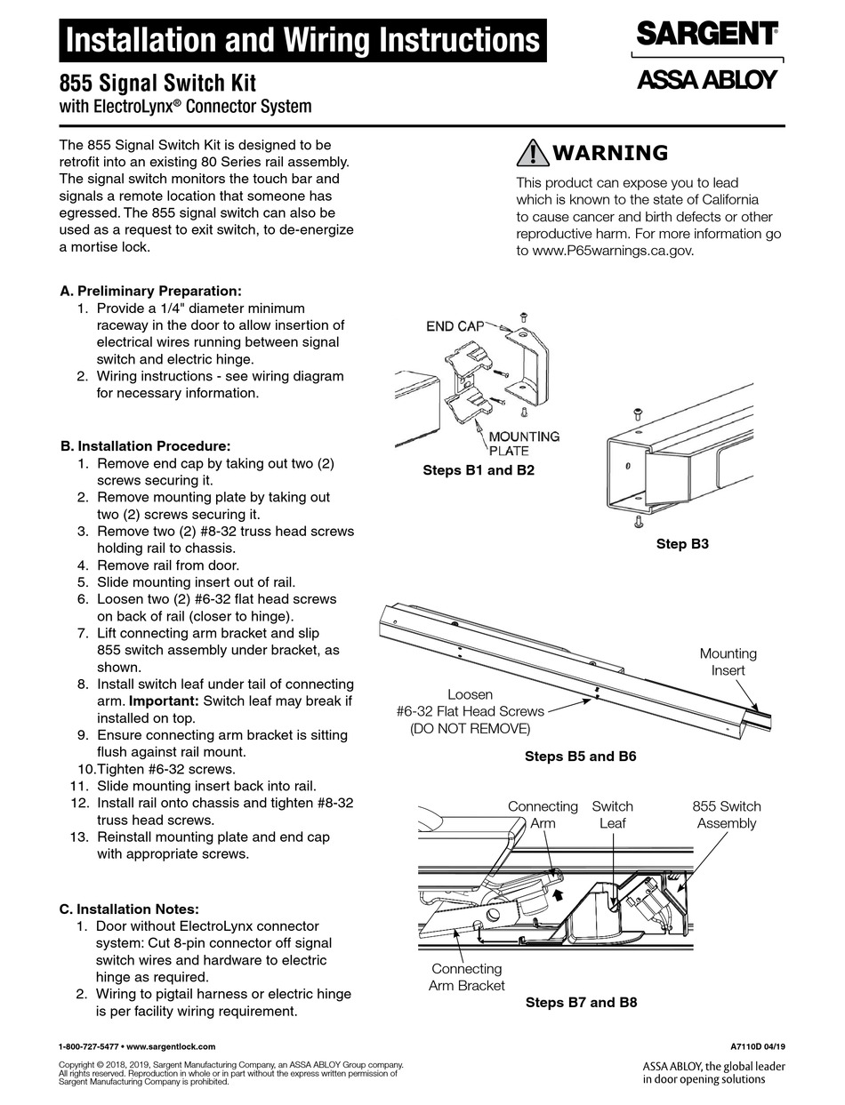 ASSA ABLOY SARGENT 855 INSTALLATION AND WIRING INSTRUCTIONS Pdf