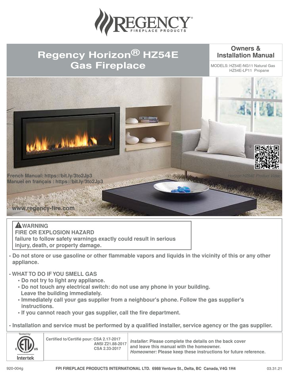 Regency Fireplace Products Hz E Owners Installation Manual Pdf