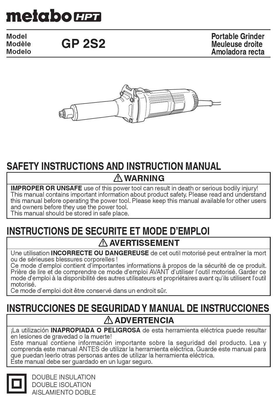 METABO HPT GP 2S2 SAFETY INSTRUCTIONS AND INSTRUCTION MANUAL Pdf