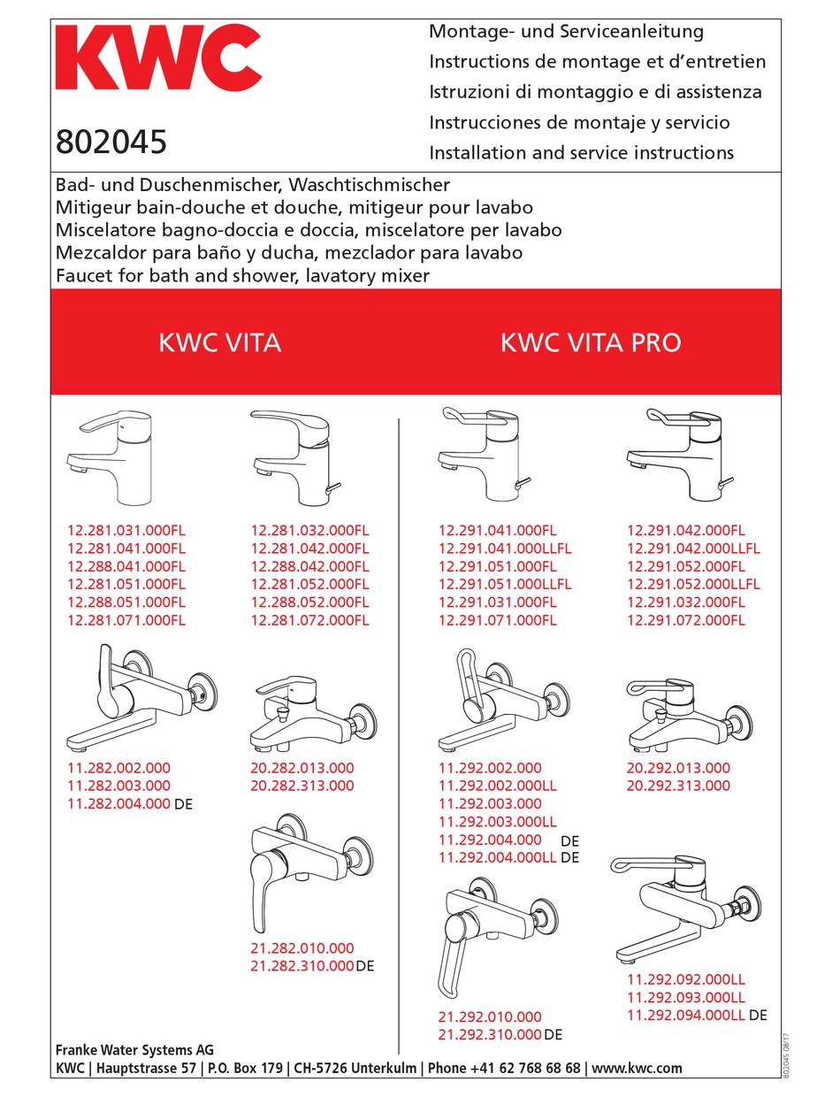 Kwc Vita Fl Installation And Service Instructions Manual