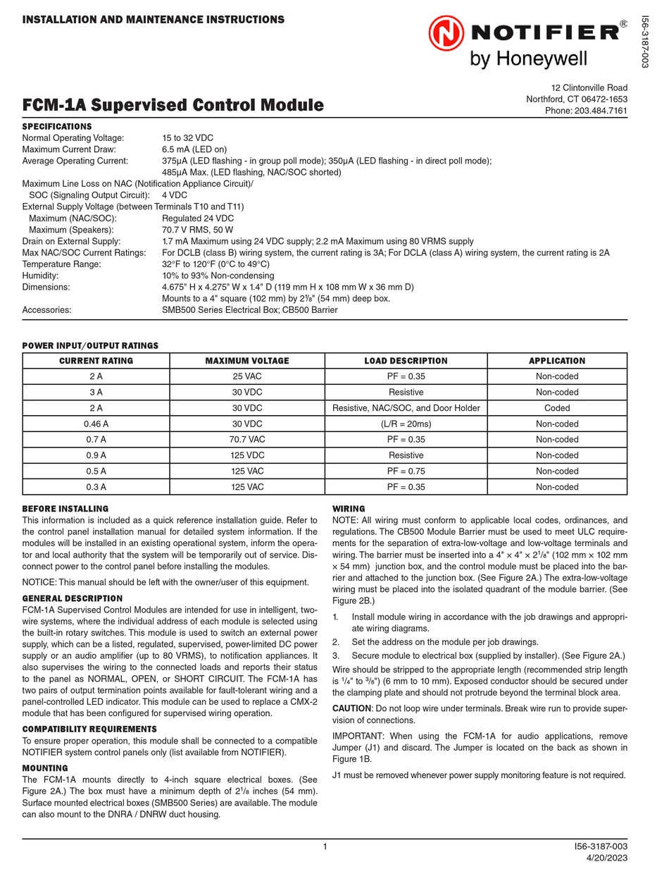 HONEYWELL NOTIFIER FCM 1A INSTALLATION AND MAINTENANCE INSTRUCTIONS Pdf