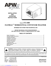 APW Wyott Fastrac FT 1000 Installation And Operating Instructions Manual