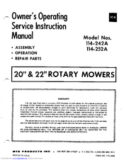 MTD 114-252A Owner's Operating Service Instruction Manual