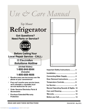 Electrolux FRT18HS6JM - 18 cu. Ft. Refrigerator Use And Care Manual