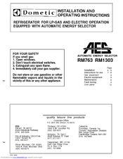 Dometic RM1303 and Installation And Operating Instructions Manual