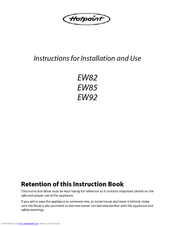 Hotpoint EW82 Instructions For Installation And Use Manual