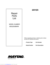Maytag MDG2500BWW Repair Parts List Manual
