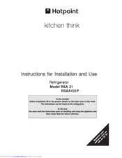 Hotpoint RSA 21 Instructions For Installation And Use Manual