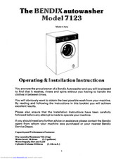 Tricity Bendix 7123 Operating & Installation Instructions Manual