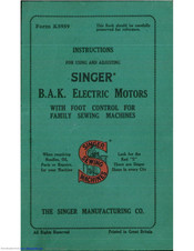 Singer BAK Electric Motor Instructions For Using And Adjusting