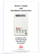 Rheem 884 Series Owner's Manual And Installation Instructions