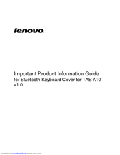 Lenovo Bluetooth Keyboard Cover for TAB A10 Important Product Information Manual